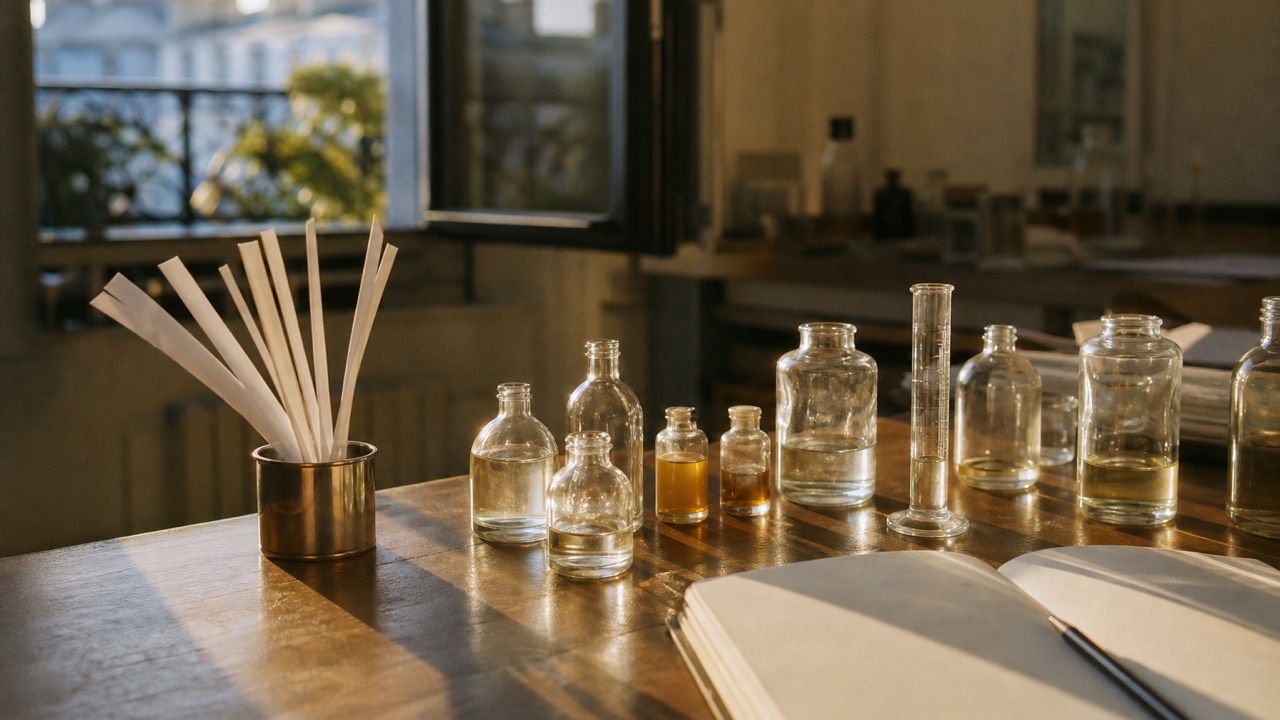 Perfume blending in progress at a Paris atelier table, scent strips fanned in a holder beside a notebook and small glass bottles in evening light