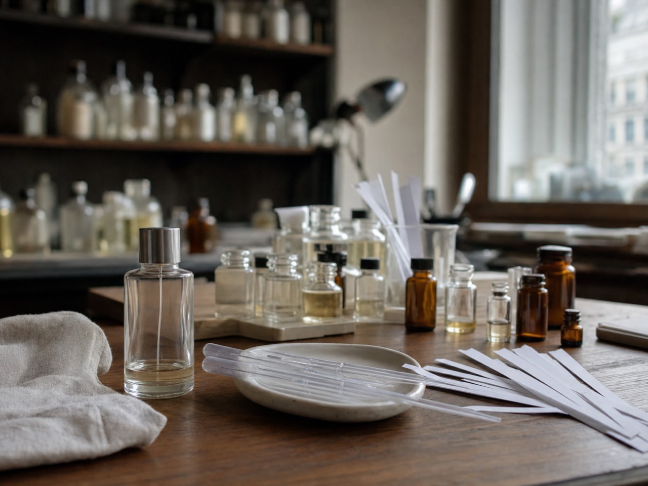 Workshop bench set for perfume making in Paris with pipettes, fanned scent strips, amber vials and a plain 50 ml flacon