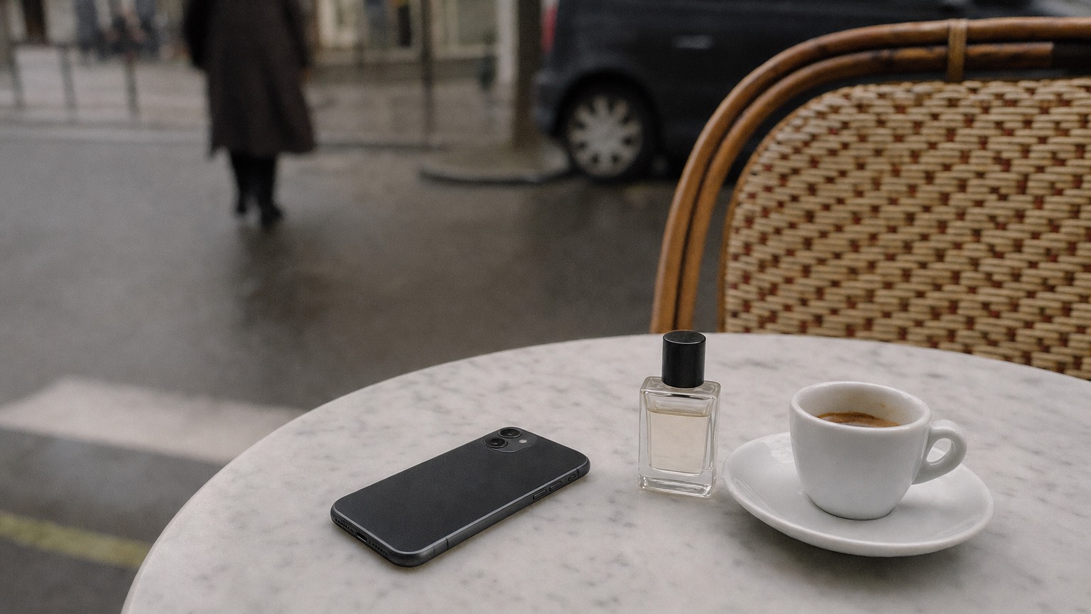 Phone face-down beside an espresso and a small unbranded perfume bottle on a Paris cafe table while weighing a booking