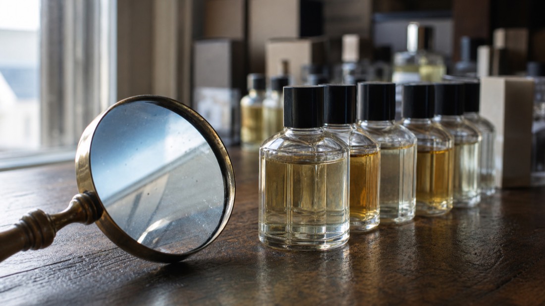Magnifying glass resting beside a row of small unlabeled perfume bottles on a wooden table in window light