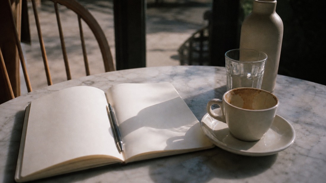 Open notebook and pen resting beside an espresso cup on a marble table, an unhurried booking decision