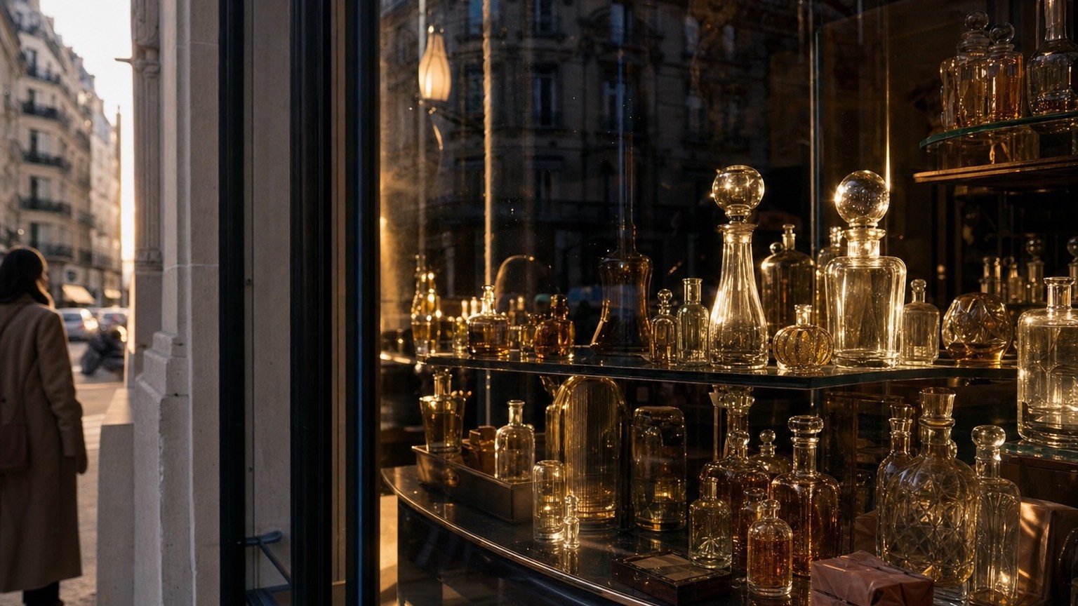 Vintage perfume flacons in a sunlit Paris shop window with Haussmann facades reflected in the glass