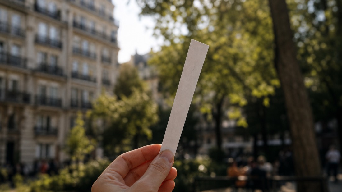 Hand holding a labeled paper scent strip in a Paris park with Haussmann buildings soft in the background