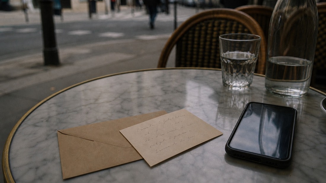 Envelope with a handwritten date card beside a phone showing a booking screen on a Paris cafe table