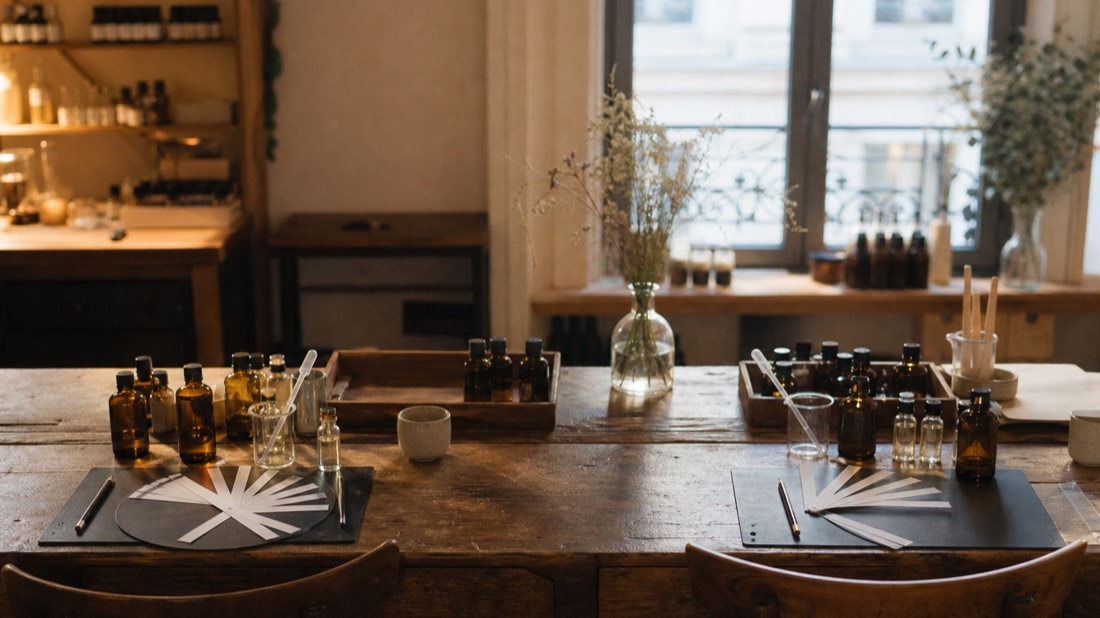 Two workshop benches set side by side with essence bottles and scent strips ready for a pair of guests in Paris