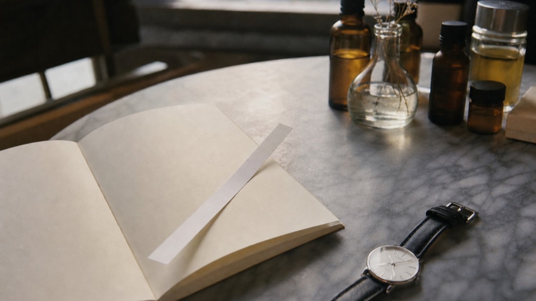 Paper scent strip resting across an open notebook beside a wristwatch on a marble cafe table
