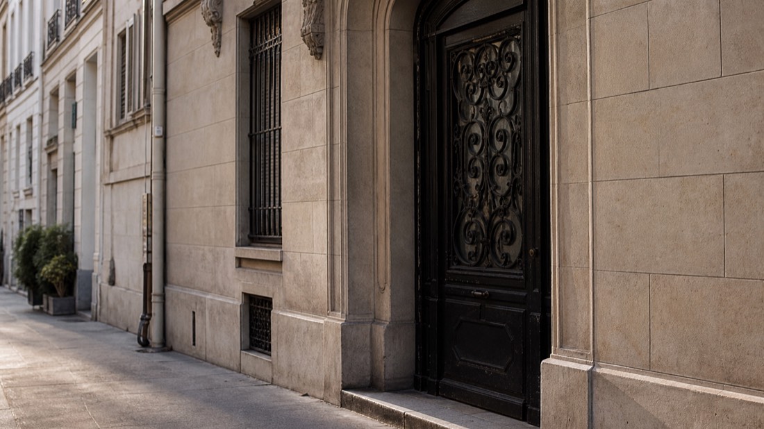 Doorway of a Paris atelier on a quiet 16th arrondissement street near Trocadéro in morning light