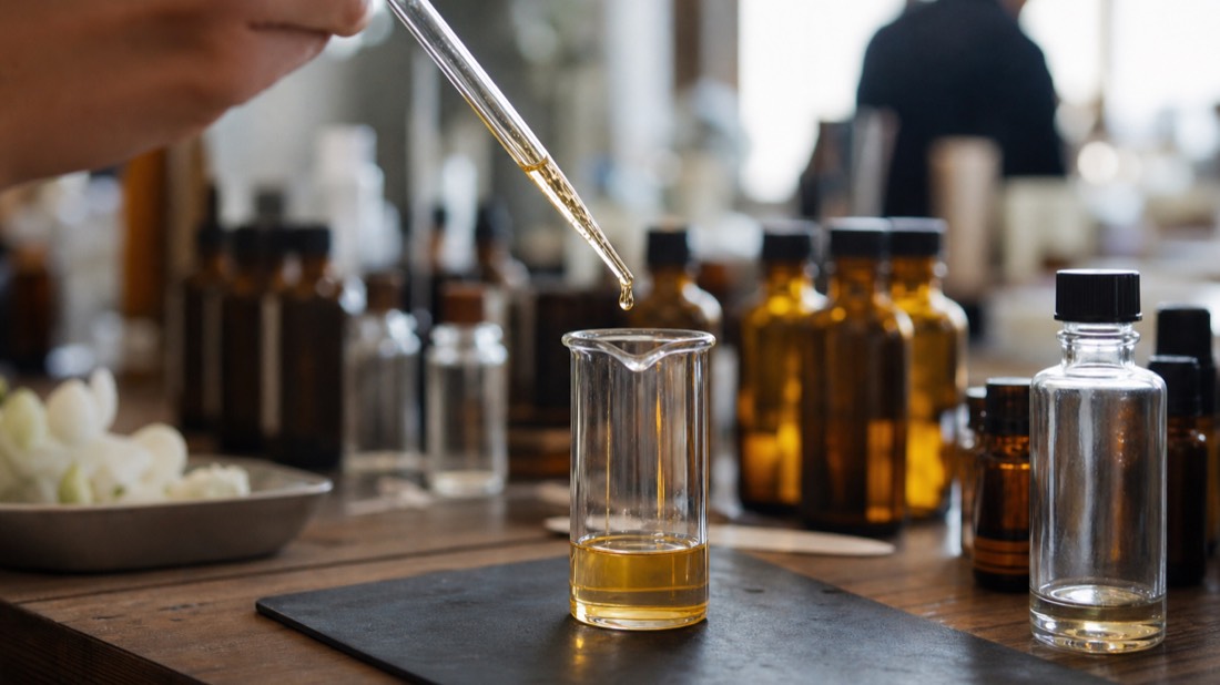 Pipette dropping essence into a glass beaker during a perfume blending session in Paris
