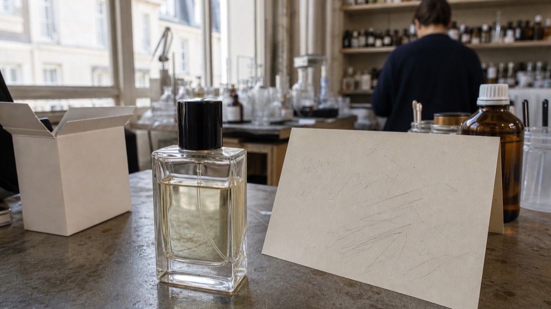 Filled 50 ml glass perfume bottle being labeled at a workshop bench with a handwritten formula card beside it