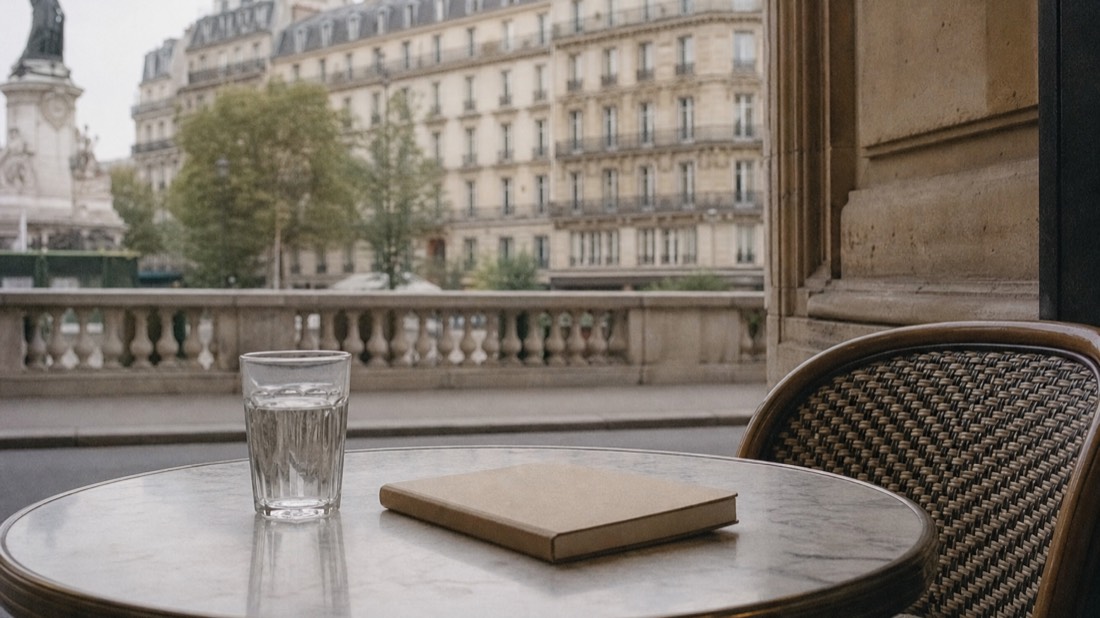 Paris cafe table with a glass of water and a notebook, a quiet morning before a perfume workshop