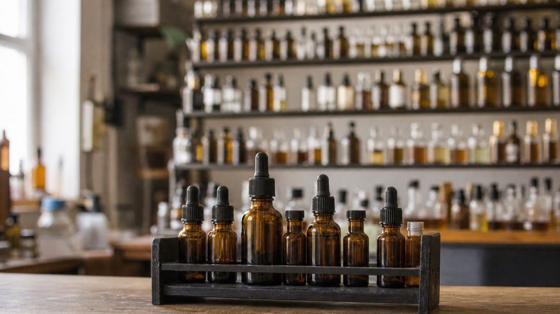 Compact curated rack of essence bottles on a workshop bench beside a larger tiered organ blurred in the background