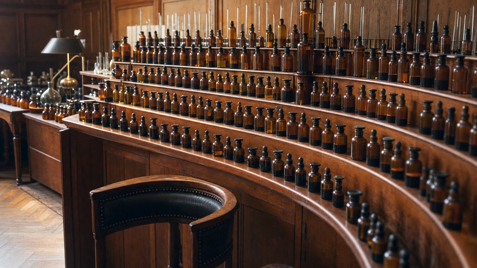 Semicircular tiered perfume organ stocked with unlabeled amber essence bottles in a Paris workshop