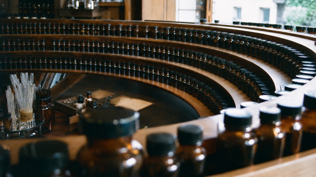 Tiered rows of small amber essence bottles curving around a perfumer's seat in soft atelier light