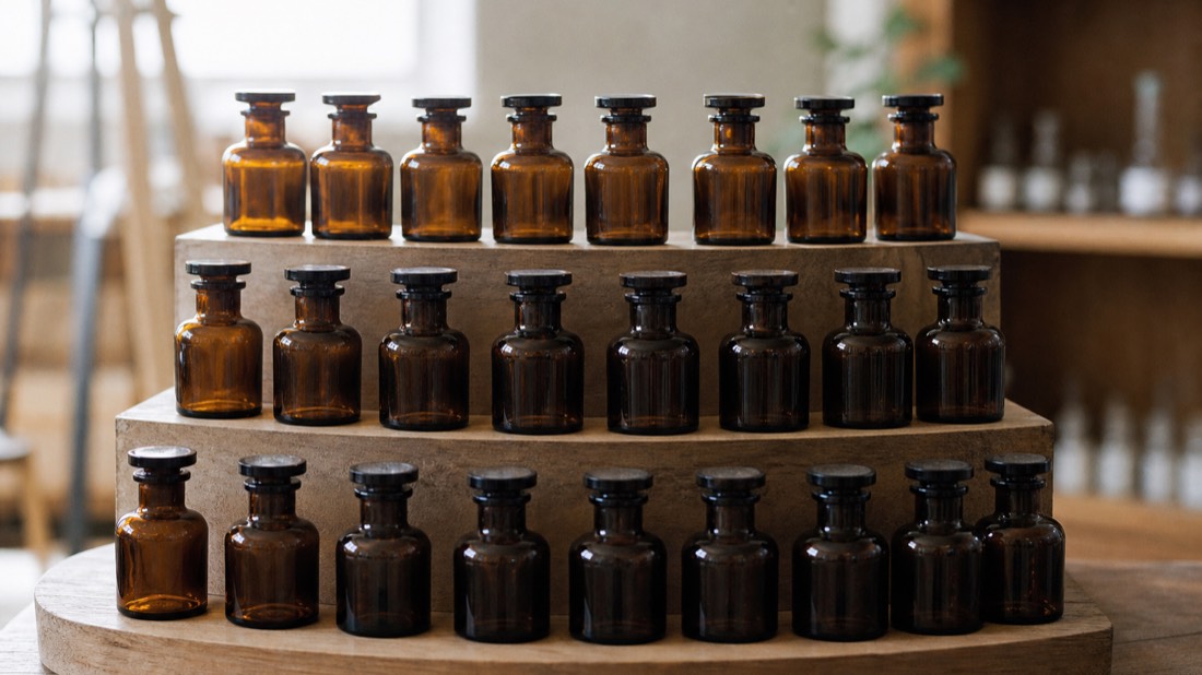 Close view of rising tiers of unlabeled essence bottles on a curved wooden rack in a Paris atelier