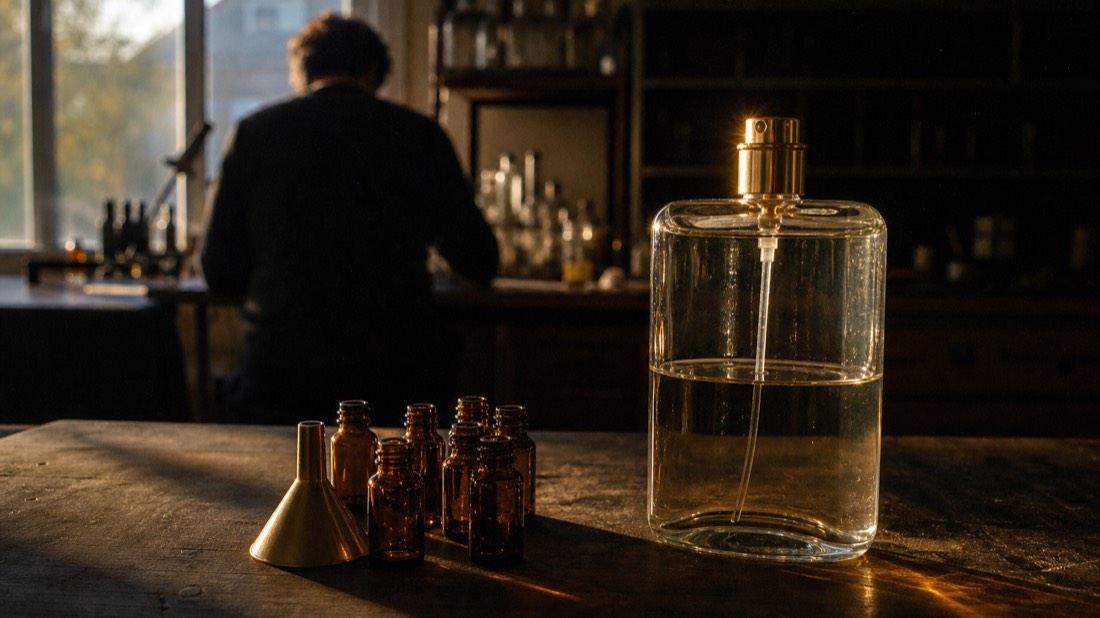 Large glass perfume bottle beside a funnel and amber vials in golden Paris light