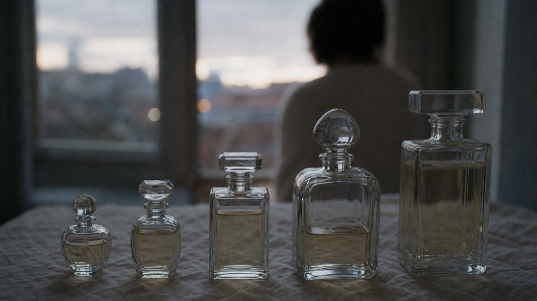 Five unlabeled perfume flacons arranged from small to large on pale linen, choosing between Paris workshops