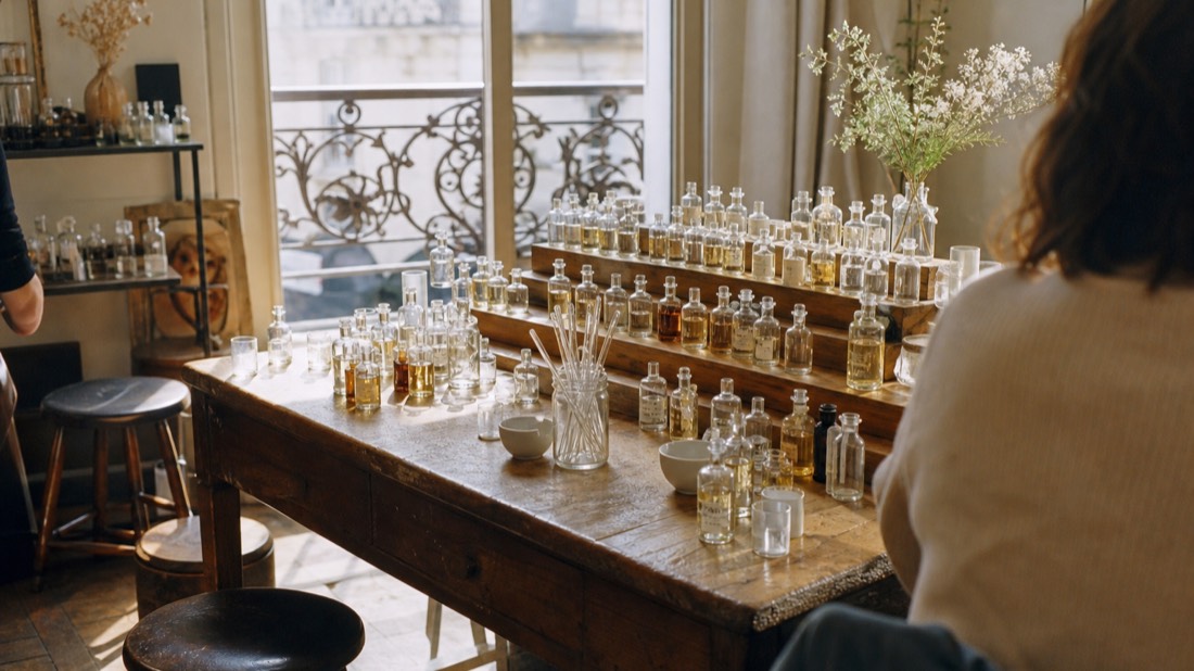 Small-group perfume workshop bench near Trocadéro in Paris with tiered essence bottles and pipettes
