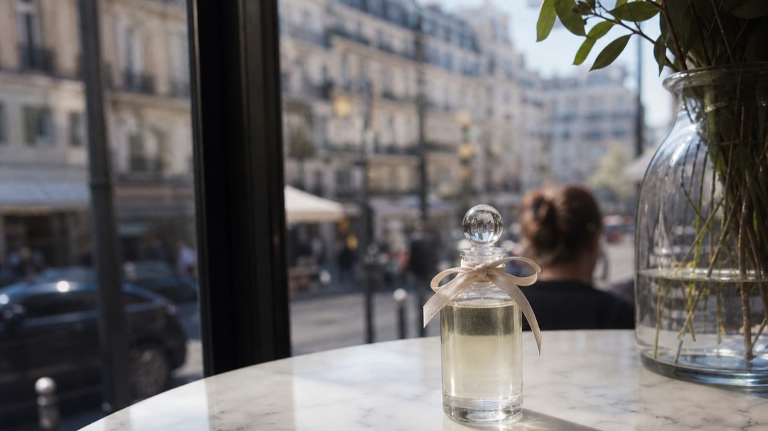 Small perfume flacon with a ribbon on a marble cafe table in Paris, the quick workshop option