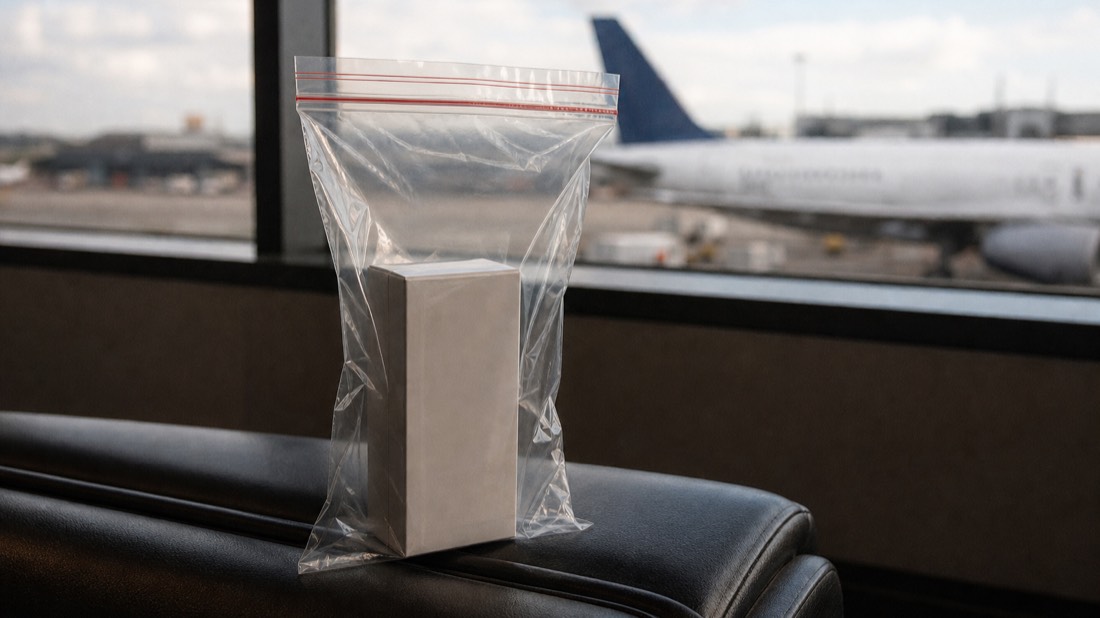 Sealed transparent airport shopping bag holding a boxed perfume on a bench beside a departure gate window