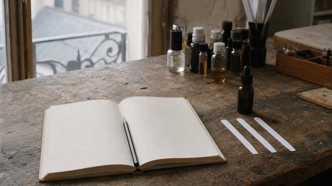 Open notebook with pencil beside three scent strips and a dropper bottle on a workshop bench, following the perfumer's theory