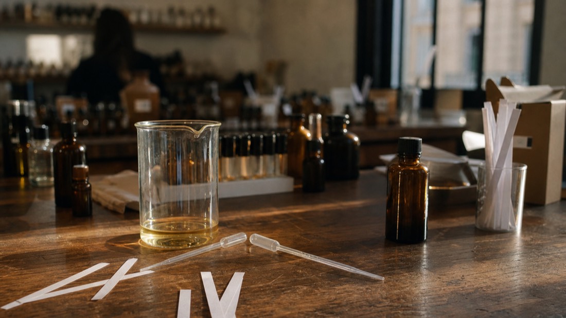 Glass beaker, scattered paper scent strips and pipettes mid-session on a Paris perfume workshop bench