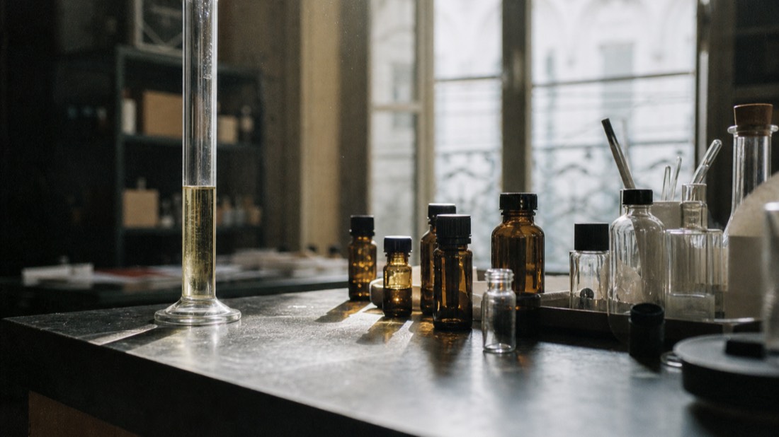 Graduated glass measuring cylinder beside amber essence vials in Paris atelier light, perfume workshop value per millilitre
