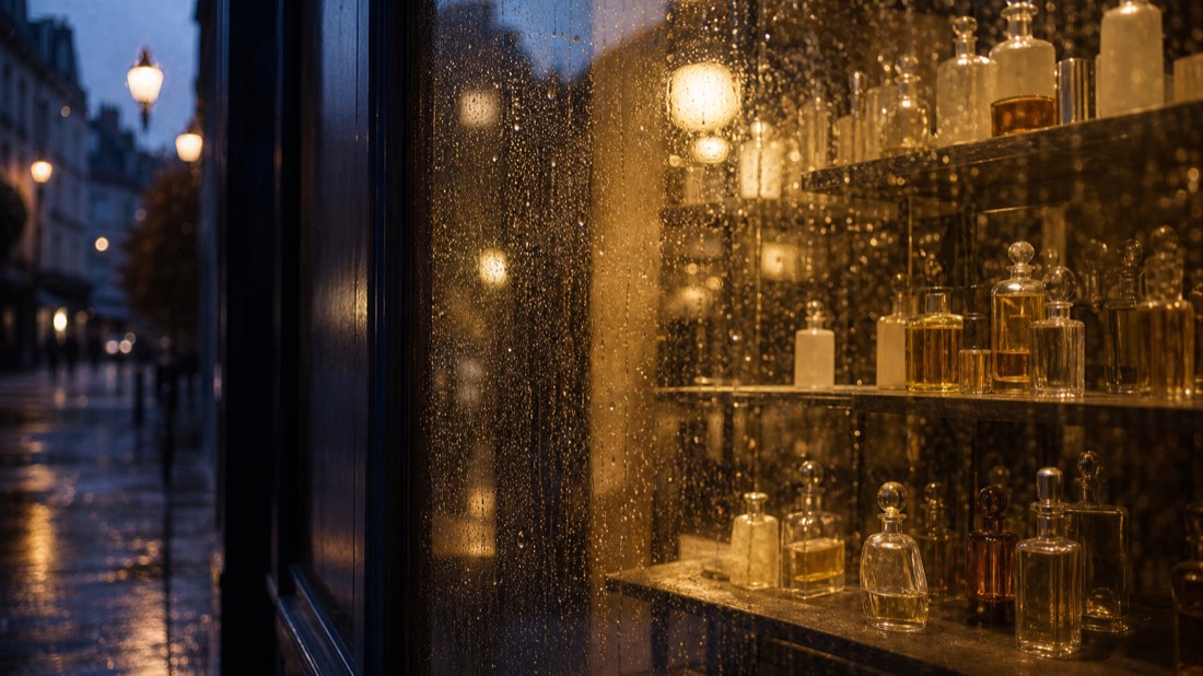 Rain-streaked window of a Paris perfumery at dusk with shelves of finished bottles, when buying beats a workshop