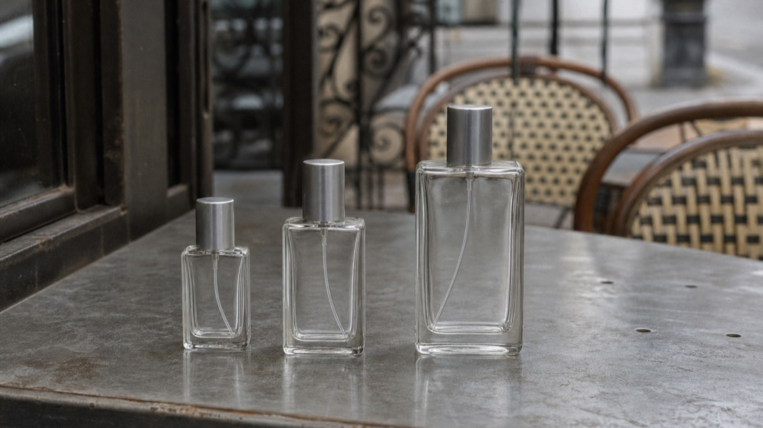 Three unbranded perfume bottles of increasing size lined up on a zinc counter, comparing what Paris workshops send home