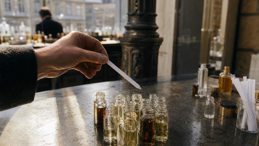 Traveler's hand holding a scent strip over labeled-free essence vials at a Paris perfume workshop bench