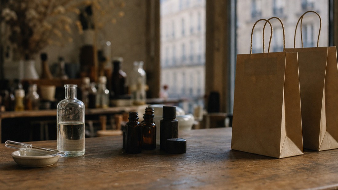 Workshop bench with pipettes and a half-filled blank flacon beside shopping bags, choosing between buying perfume in Paris and making your own