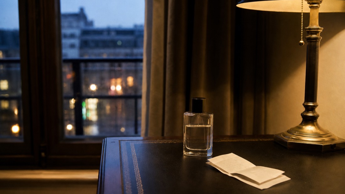 Small perfume bottle beside a folded receipt on a hotel desk in Paris, when buying perfume at home costs less