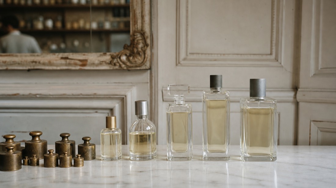Unlabeled perfume bottles of different sizes lined up beside brass weights on a marble counter in a Paris atelier