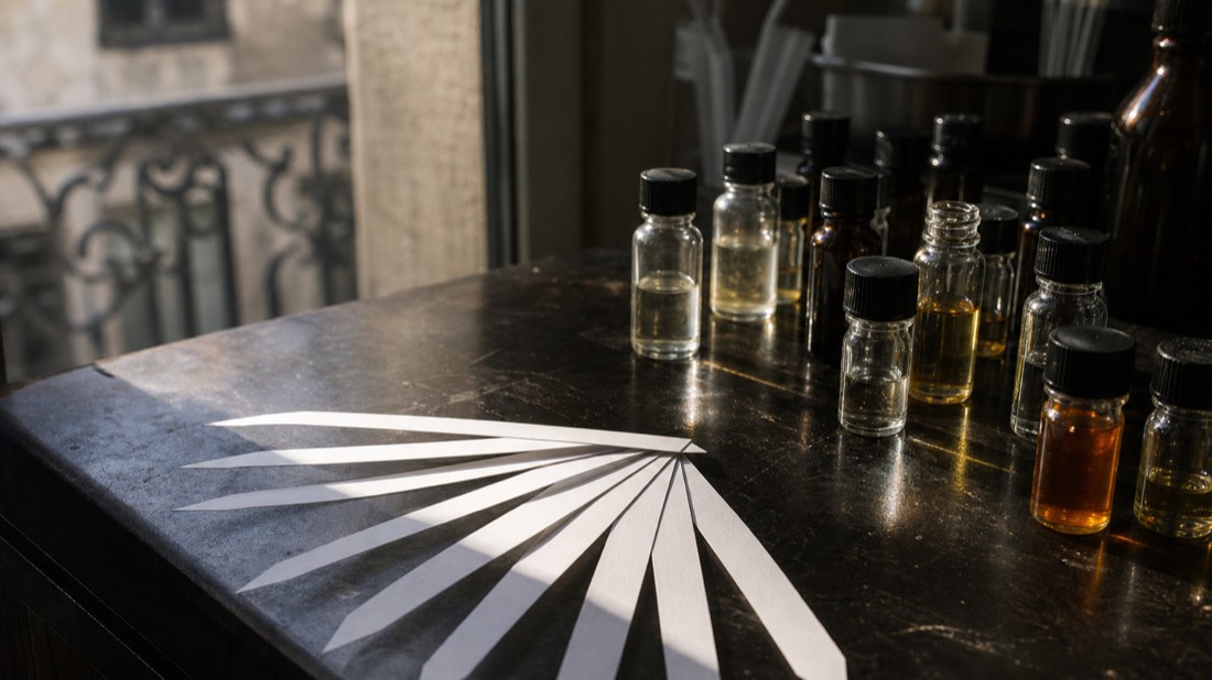 Scent strips fanned out beside small glass vials on a dark workbench in Paris window light