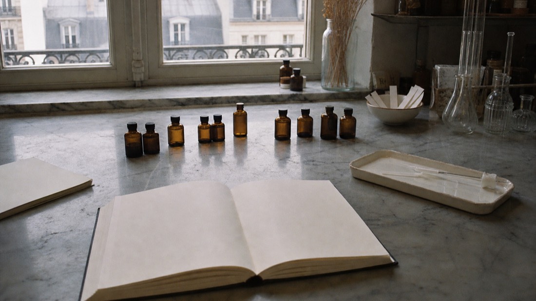 Open notebook, glass pipette and small amber vials arranged at a workshop bench seat in soft Paris daylight