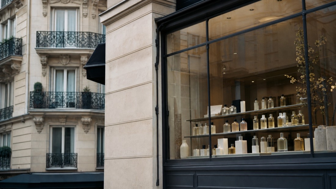 Ornate Parisian building facade with wrought-iron balconies above an elegant perfume boutique window display