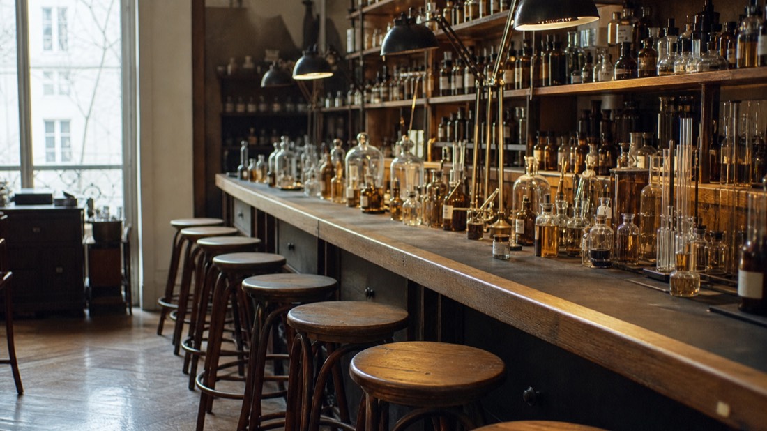 Eight empty wooden stools along a workshop bench with organ-style rows of unlabeled essence bottles in Paris