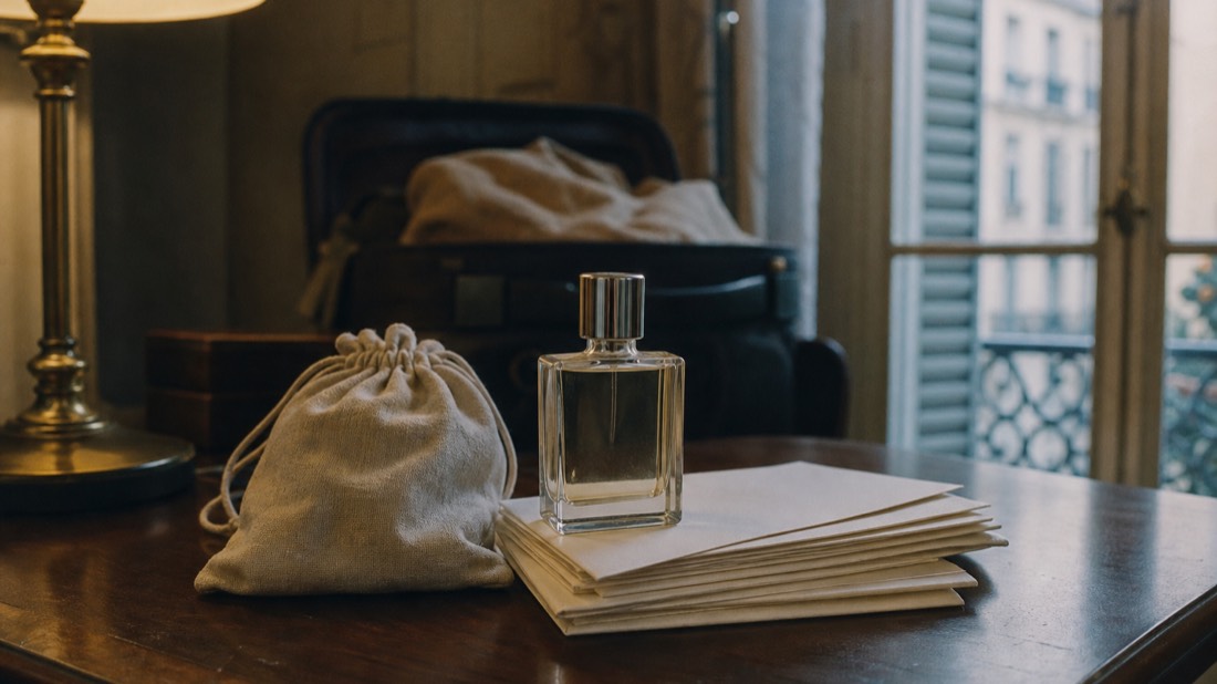 Unbranded perfume flacon resting on folded travel documents and a linen pouch on a Paris hotel desk
