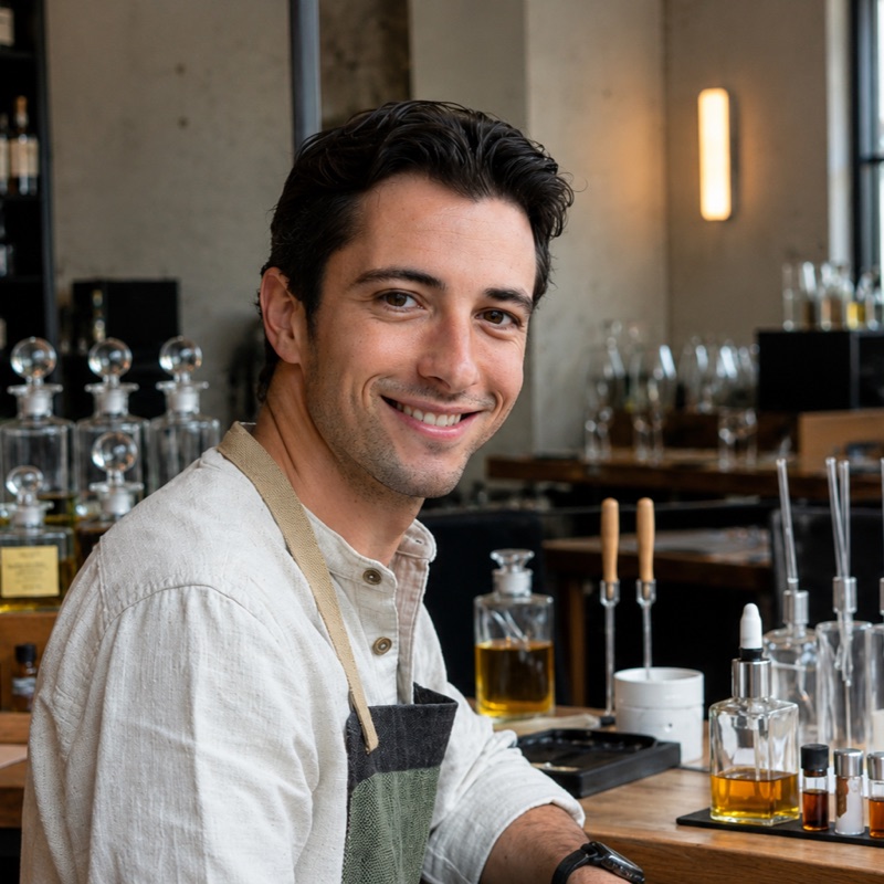 Antoine Lefevre at a perfume atelier bench in Paris, surrounded by essence bottles